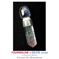 Bi-Color Tourmaline Crystal + Iolite Sterling Silver Pendant