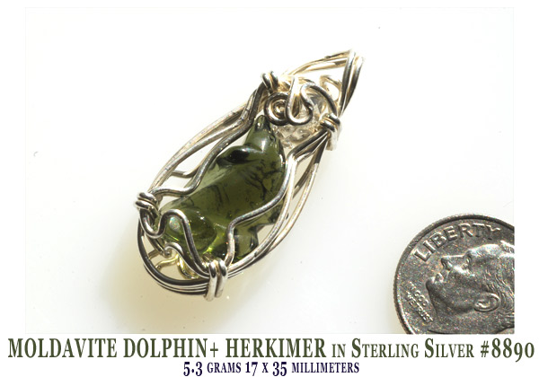 Moldavite Dolphin + Herkimer Diamond Quartz Pendant